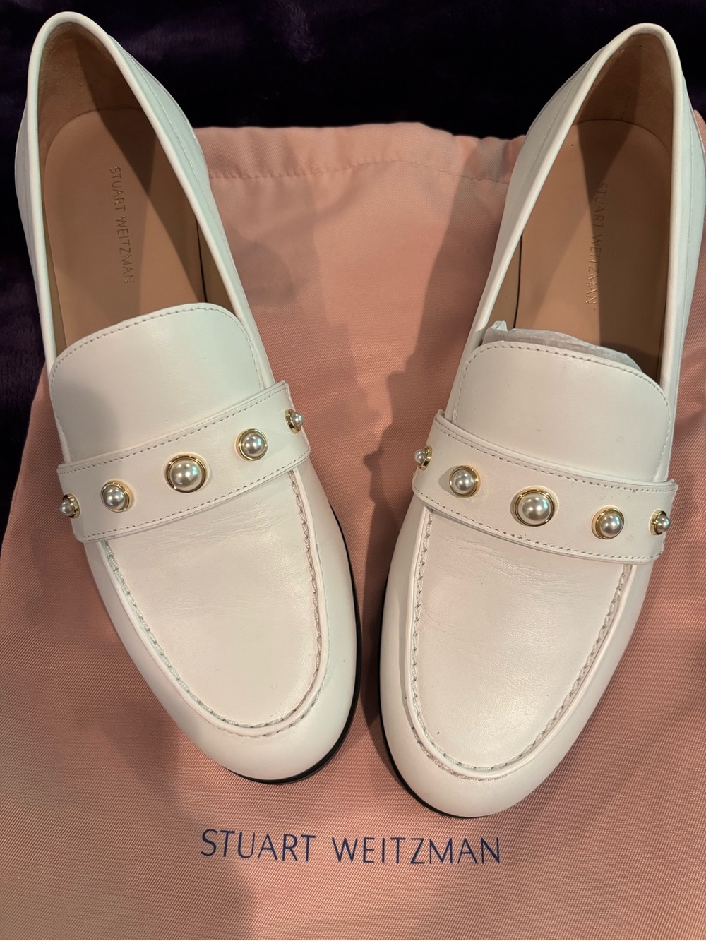 Stuart Weitzman White Leather Pearl-Stud Loafers